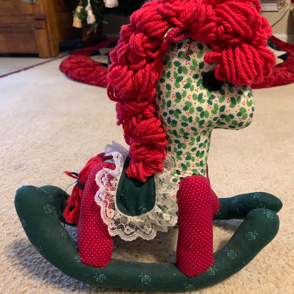Handmade stuffed rocking horse.